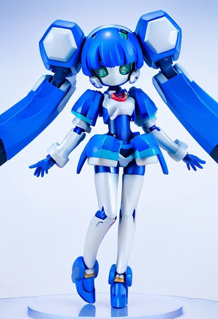 masterpiece, score_9, score_8_up, score_7_up, EasyNegative_v2, 
(best quality:1.1),ultra-detailed, high resolution, super detailed skin, beautiful detailed eyes, nsfw, Brightly Lit, Highly Visible, 8k, sharp focus, beautiful, perfect lighting, beautiful eyes, anatomically correct, anatomically correct face, extremely detailed eyes, smooth edges, beautiful face, symmetrical eyes, symmetrical face, 
(standing, Full-body view:1.2), 
1girl, cute girl, blazermate, (robot girl, android:1.3), (roaot eyes, green eyes, blue hair, twin tails, no mouth:1.2), (colored skin, robot skin, white skin, blue skin, robot joints:1.5), 
(simple background, white background:1.2), (solo focus:1.5), 
(looking at viewer:1.5),  (figurine:1.5),