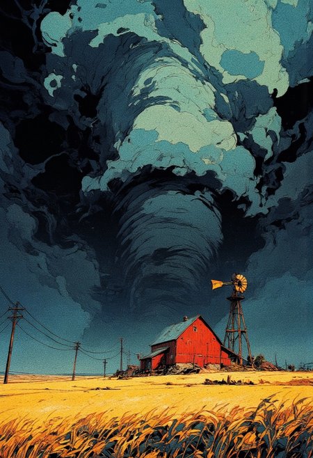 A vast rural landscape under the looming presence of an enormous, swirling storm cloud. A small red barn with a pitched roof stands isolated in the middle of an open field, next to a lone windmill. The sky is dominated by an ominous wall of dark, churning clouds, stretching across the horizon, evoking an impending disaster. The golden wheat field in the foreground sways in the wind, contrasting against the dark storm. A few telephone poles line the distant road, adding to the sense of isolation. The atmosphere is cinematic and dramatic, with painterly textures and a moody color palette. Concept art style, highly detailed, dynamic lighting, stormy rural landscape.
,  anime, cyberpunk