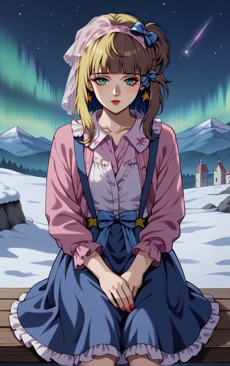 score_9, score_8_up, score_7_up, looking at viewer,  BREAK
ANIME_PresenceDoll_RobotCarnival_ownwaifu, 
1girl, green eyes, makeup, messy hair, blonde hair, hair bow, long hair, jewelry, bangs, blue bow, bow, ribbon, collarbone, star earrings, earrings, lipstick, nail polish, hair ornament, hair ribbon, brown hair, multicolored hair, red lips, blunt bangs, two-tone hair
purple dress, frilled dress, dress, doll, horror \(theme\), sad, long sleeves, frills, star (symbol), shirt, striped, veil, polka dot, white shirt, suspenders, pink shirt, collared shirt, blue skirt, star print, frilled shirt collar, frilled sleeves, shirt tucked in, pink headwear, open clothes, 
(sitting, looking up), aurora, shooting star,  star \(sky\), winter, snow, night, scenery, outdoors,  <lora:PONYXL_PresenceDoll_RobotCarnival_ownwaifu:0.75> , depth of field, solo,