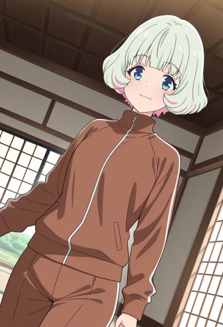 masterpiece,best quality,absurdres,perfect lighting,tatami,,window,shouji,Japanese room,
*//*,<lora:HealerGirl_HibikiMorishima-Illustrious:1>,hibiki_morishima,1girl,solo,green hair,short hair,colored inner hair,pink hair,blue eyes,bangs,track jacket,brown jacket, long sleeves,brown shorts,
*//*,looking at viewer,cowboy shot,dutch angle,dynamic pose,light smile,