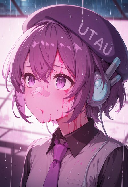 <lora:defoko_Illustrious_Mlaofmd-10:1.0>, <lora:YouLookLonelyIllustriousXL_byKonan:1.0>, masterpiece, best quality, high quality, depth of field, ambient silhouette, backlighting, 1girl, defoko, purple hair, purple beret, purple eyes, grey headset, grey shirt, black sleeves, purple necktie, purple skirt, purple boots, portrait, bandaid on nose, blurry background, pink lighting, night, dark, pink theme, blood on face, rain