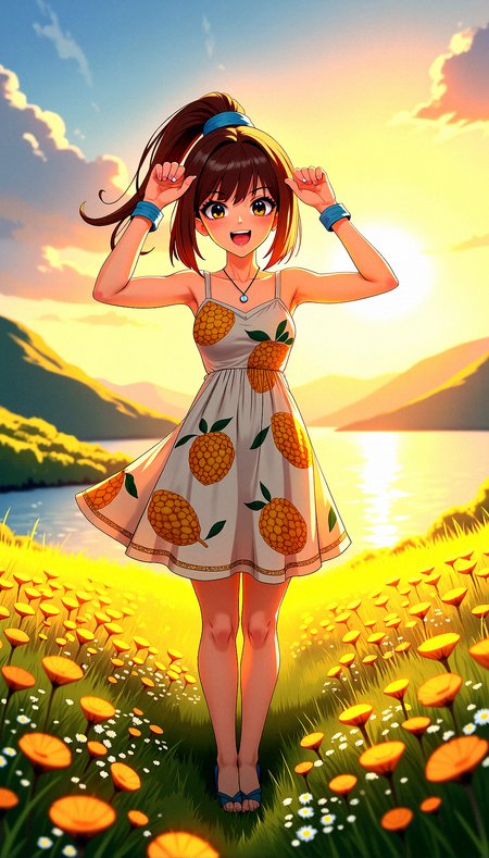 anime screencap style of a 35 years old beautiful woman, standing on a grassland,full of small flowers, wearing sundress durian  printed, simple necklace,wrist scrunchie, high ponytail,brown hair , long bangs, long fingernails, nail polish,  slightly tanned skin, smiling warmly, outdoors, sunny morning,lens flare,  serene lake, sunrise, intricate details, vibrant colors,   Dynamic Shadows,  
Soft Eyebrow Definition, Glossy Eyes, Standing with both arms extended, palms facing upwards.

The atmosphere is calm and reflective, with the autumnal colors contributing to a nostalgic, peaceful mood. The light is soft, with long shadows suggesting the time is either early morning or late afternoon, further enhancing the tranquil vibe.



