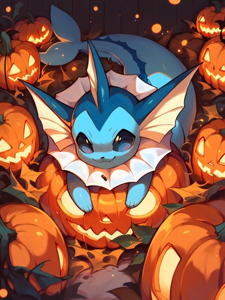 score_9, score_8_up, score_7_up, score_6_up, score_5_up,   <lora:halloweenpokemonXLP:1> halloween pokemon, no humans, jack-o'-lantern, (vaporeon:1), candy,