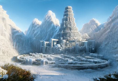 castle , A traveler contemplates a gigantic labyrinth made up of dozens of white, grass, medical towers , desert, rock, weed, urithiru, tower city, water , caustics, swimming pool, tearStyle2, SnowStyle