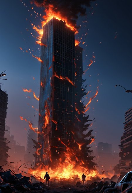Masterpiece, 4k, ultra high detail, 
Dark sky, burning sky, nighttime, night, burning skyscraper, destoyed skyline, 
 Apocalyptic scene, burning skyscraper, burning city, destroyed cars, Collapsing buildings, 
End of the World, 
negative_hand, NightScapes,