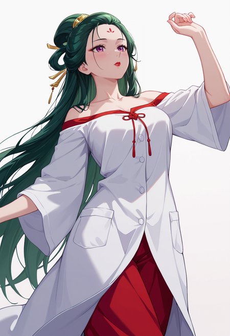 Smooth Quality,masterpiece,very intricate, high quality details, ultra realistic, high detailed skin,detailed enviorement,absurdres,
simple background, white background,solo,
from below,blush,dancing, 
 <lora:Fengxian_CNR:0.8> feng_cnr, 1girl,green hair,very long hair,purple eyes,forehead mark, collarbone, red lips,
off-shoulder top, ,doctor coat,  ,flared pants,  ,