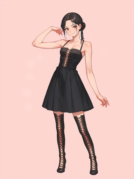 score_8_up, score_7_up, score_6_up, source_anime, 1girl, solo, simple background, pink background,
standing, pose, contrapposto, arched back,  facing viewer, (full body:1.4)
smile, 
cross-laced footwear,
black dress <lora:Cross-Laced_Boots:1>