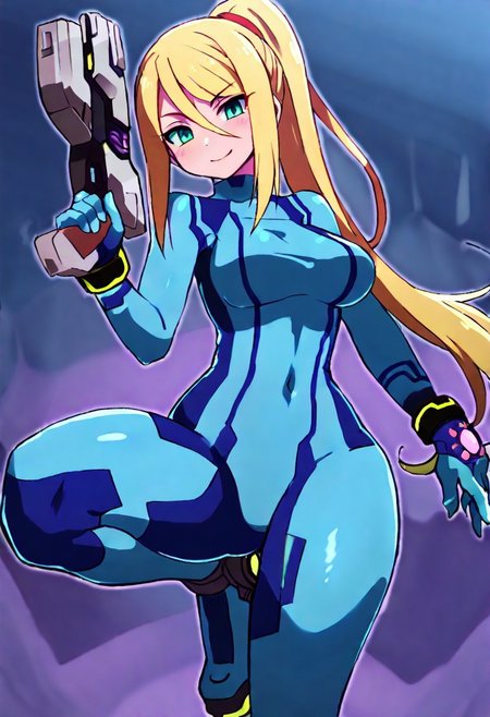 masterpiece, best quality, absurdres, medium breasts, (curvy), cute, eyelashes,     
vivid colors,  
BREAK, 
,,,  
defSamus, blonde hair, bodysuit, blue clothes, blue pants, high heels, wide hips, narrow waist, 
BREAK,
cowboy shot, looking at viewer, smile