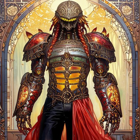 Bionic man, 1boy, looking at looking at viewer, Heavy  braids, yellow eyes || helmet, o-ring top, red sarong, black shorts, shoulder armor, monster man, 1boy, monster man, gradient, colored skin, solo, covered eyes,, ultra detailed, masterpiece, best quality, aesthetic, detailed,
ArsMJStyle, Art Nouveau