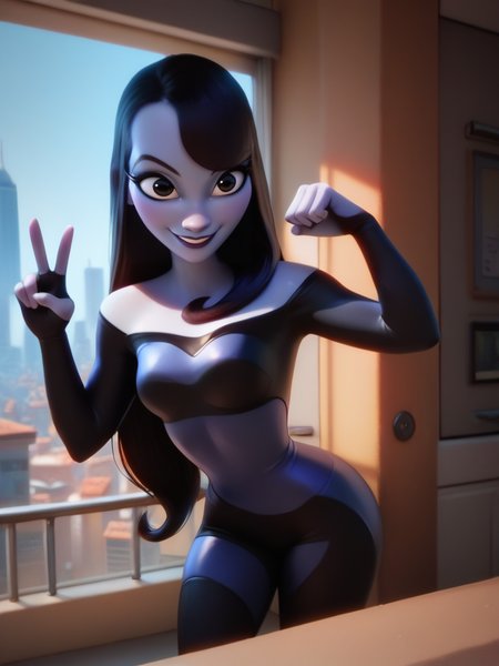 score_9, score_8_up, score_7_up, 1girl, leaning forward, v, city, window, detailed background, smile, looking at viewer, smile, cowboy shot, (dynamic pose:1.1), dynamic angle, from above, cute pose, wide shot, 
 <lora:Inque_character:1>, InqueXLP, colored skin, blue skin, black hair, long hair, black eyes, makeup, bodysuit, strapless, <lora:DisneyStudios_style:0.8> DisneyStyleXLP, cartoon, cute, cinematic,