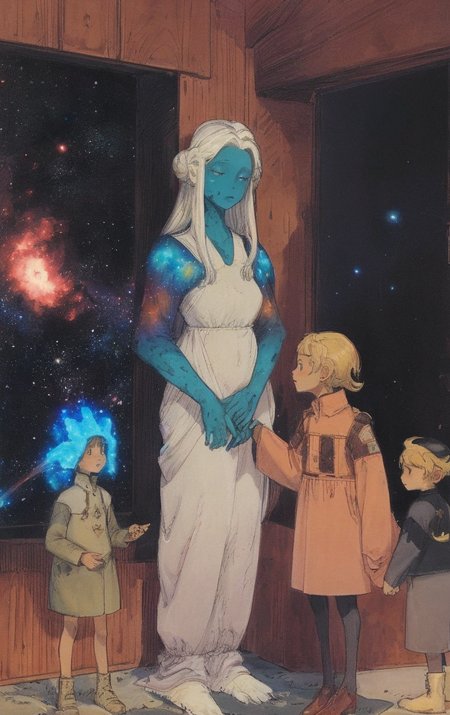 artwork <lora:Moebius:1>, Medium Long Shot of a family, prairie, nocturnal beauty,calcite deposit,nebula