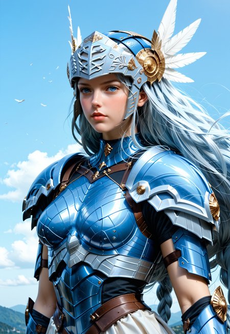 Beautiful woman, 24 years old. Fair skin. Smooth skin. Silvery blue hair. Incredible detail, high clarity. Free hair with braids. Long hair. Lips. 

Valkyrie helmet, winged helmet, beaked helmet.

Deep blue armor, metal armor, smooth armor. White pleated skirt. Good anatomy. Detailed face. 