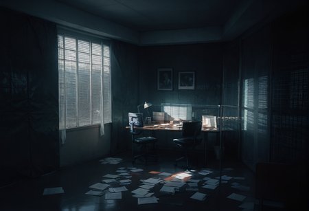 ,ruanyi0943,blinds,indoors,paper,
no humans,<lora:0943 Untitled_v1_pony:0.8>, score_9,score_8_up,score_7_up,,8k,1girl,solo,,