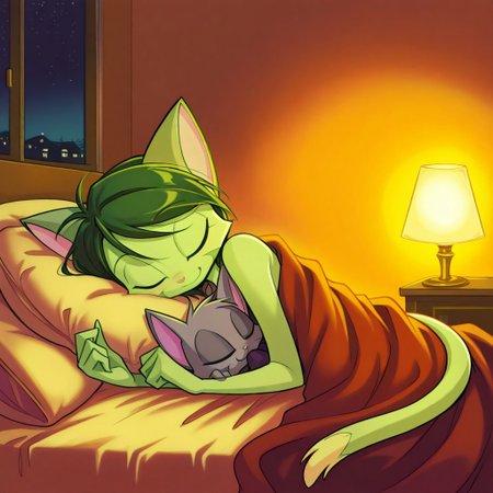 score_9, score_8_up, score_7_up,lilith_calah,
1girl,solo,furry,tail,dark green hair, source_furry,
 ,<lora:lilith_calah_illustrious:0.8>,
cat_ears, neko, cute, blush, smile, short_hair, bob_hair, indoors, pillow, cozy, sleeping, bed, curled_up, relaxed, soft_blanket, closed_eyes, peaceful, dim_lighting, anime_style, warm_colors, night_time, detailed_background