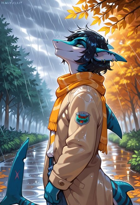 masterpiece, best quality, amazing quality,,(detailed background:1.5),(detailed everything:1) 1boy,furry male, lunarsunill, anthro shark,dark blue skin, stripes on the body, short hair,lush hair,black hair, green eyes, shark tail, ear piercing, BREAK, dynamic light, dynamic shadows, detailed background, depth of field, intricate details, autumn, forest, yellow and orange trees, havy clouds, (rain:1.4), wet hair, shirt, coat, jeans, scarf , natural relaxed pose, [smirk], (looking up:1.3), (medium close-up shot:1.3)
