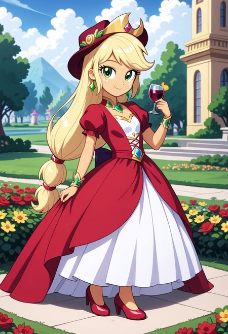 score_9, score_8_up, score_7_up, score_6_up, source_cartoon, rating_safe, My Little Pony Equestria Girls, very young little girl Applejack wearing a fit green|brown|darkpurple|wine|red gradients colors short princess dress, elegant detailed princess shoes, solo, 1girl, little princess girl, gradient golden blond hair with crown hairband, smile, childhood, looking at viewer, glow detailed eyes, garden of canterlot, tul, chiffon, laces, semi realistic cartoon, unreal engine 5,  full body close-up, absurdres, digital art, soft light, perfect hands, perfect, hands, perfection, soft orange skin, green eyes, apples accesories and shoes, jewelery, tres chic,<lora:age_slider_v4:-4>,