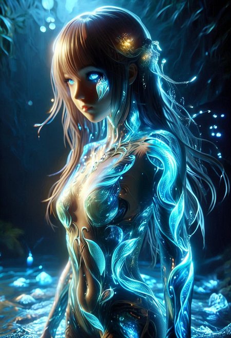 (score_9, score_8_up), score_7_up, zPDXL, solo, zPDXL3, <lora:MythAnim3Style:0.8>, MythAn1m3, character,, 1girl, mermaid, Iridescent eyes, aquatic scene, dreamlike atmosphere, mystical, ethereal light, detailed textures, whimsical, rippling, dripping, water element, reflective water, very long cascading copper colour hair, water, very beautiful, sexy, sexy body, beautiful body, scales, wet body, Iridescent scales, bubbles, water drops, Iridescent skin, multi colored eyes, partially underwater shot, bioluminescent skin, bioluminescent, glowing, bioluminescent scales, bioluminescent glowing hair,  , laser light clothes, water line on lense, view from under water, waterline, light hair, great lighting, seashells details, metallic details, hair ornaments, gems, glowing bioluminescent tattoos, dark mysterious background, underwater background, starry night background, nighttime, long hair braids,  wet transparent clothing, translucent colting, tight wet bodysuit, very dark tanned skin,