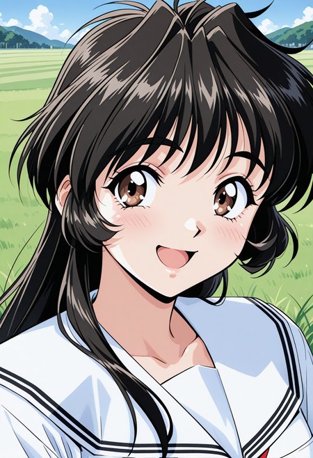 inuzuka_saori, brown eyes, black hair, long hair, school uniform, serafuku, white shirt, short sleeves, white sailor collar, <lora:Graduation_inuzuka_saori_illustrious_ver1:0.8> 
smile,, masterpiece, best quality, very aesthetic, absurdres, general,, 1girl, solo, blue sky, (grasslands:1.2), looking at viewer,, (upper body:1.2), (close-up:1.2), (facing viewer:1.2), (open eyes:1.4), (portrait:1.2)