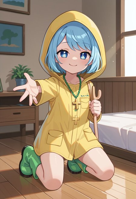 score_9, score_8_up, score_7_up, BREAK
highres, highly detailed, high resolution, high quality, 
source_anime, anime screencap, saturation, vivid colors, 
1girl, solo, luce, full body,
light blue hair, big dark blue eyes, short hair, cute,
(long yellow raincoat:1.1), green rubber boots, 
cross necklace,
squinting eyes, half-closed eyes, smile, naughty face, closed mouth, looking at viewer,
a girl holding a cross in her one hand, on knees, kneeling, sitting, holding, holding cross, outstretched arm, offers cross,
pikaole, cute, bokeh,
room background, wooden chest, 
(side view:0.5), (high angle:0.7),