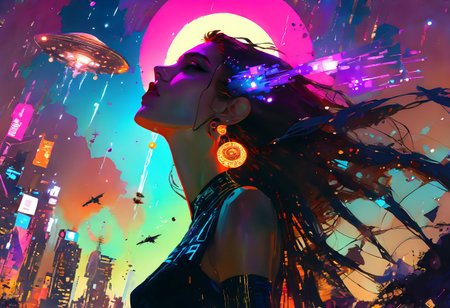 score_9, score_8_up, score_8_up, ((Cinematic composition)),((masterpiece)), (resplendent highlighting), 8k. 
A beautiful girl stands looking up at a night sky full of invading alien spaceships, the city is ablaze, citizens can be seen fleeing.
break
The background is a moonlit night sky, with a large, full moon casting an eerie glow over the scene. the city is burning. Alien Spacecraft are attacking and landing in the background. 
Ink, Charcoal and watercolours. impressionistic. (Klimt :1.2) dadaistic collage (by Bill Sienkiewicz:1.5), strikingly alluring face. brilliant spotlight effect. Vibrant thick dripping paint. Intense detail, realistic, dynamic shadows and contrasts. Matte and faded background colours.surreal, intense colors, liquid, unreal parts, alluring, fluid, perfection, gothic. (Luminous skin dynamically highlighted), Illustration, (klimt:0.8) (Bill Sienkiewicz:1.5). maximum detail, Chinese watercolor and ink technique. Gold leaf highlights.
<lora:xl_more_art-full_v1:0.4> <lora:epi_noiseoffset2:1>3
