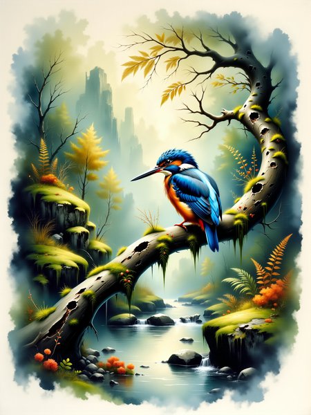 nature illustration, hyperrealistic watercolor painting, vibrant colors, the image shows a colorful kingfisher perched on a twisted, gnarled branch covered in lush moss, the branch hangs over a narrow brook, the water reflects the surrounding greenery and soft sunlight, creating a peaceful, picturesque scene, in the background, gentle rolling hills and a dense woodland canopy frame the brook, bathed in the soft glow of morning light, in the foreground, the gnarled branch extends diagonally across the frame, its surface rugged and twisted, covered in thick, green moss and dew drops glistening in the light, the kingfisher sits poised, its bright blue and orange plumage a striking contrast against the natural tones of the branch, beneath the branch, the brook flows gently, clear water rippling over smooth stones, reflecting the greenery and soft light from above, in the background, dense foliage and ferns frame the scene, adding depth and tranquility, the kingfisher is the main focus, its bright feathers and poised stance catching the viewerâs attention, it sits calmly, scanning the brook below for fish, its beak slightly open, as if ready to dive at any moment, the surrounding landscape creates an idyllic, peaceful moment in nature, the kingfisherâs plumage is painted with vivid blues, oranges, and subtle whites, its feathers glisten with moisture from the morning air, its sharp, pointed beak is slightly open, eyes alert and focused, its feet grip the gnarled branch, a vertical close-up shot from a slightly low angle, focusing on the kingfisher perched on the mossy branch, the vertical composition emphasizes the height of the scene and the serenity of the flowing water below, the lighting is soft and natural, with early morning sunlight filtering through the trees, casting dappled light across the scene, the soft glow highlights the vibrant colors of the kingfisher and the fresh green moss on the branch, reflections on the water create gentle ripples of light, giving the scene a magical, peaceful atmosphere, watercolor on rough-textured paper, capturing the delicate translucency of light on the birdâs feathers and the fluid movement of the brook below, soft brushstrokes give the scene a natural flow, with fine detailing on the feathers, moss, and rippling water, the colors are vibrant yet harmonious, with a focus on blues, greens, and soft golden highlights from the morning sun, the vertical format emphasizes the sceneâs peaceful, natural beauty, 3th33r34l, <lora:style-ethereal_grace-flux-by_andreac75:0.7> <lora:image_enhancer-flux-by_dever:0.6>