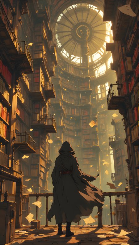 A breathtaking vision of an otherworldly library, its grandeur both awe-inspiring and slightly unsettling. The perspective is from behind a solitary figure, cloaked in a dark, flowing garment that billows around them as if caught in the currents of an unseen wind. This person stands on a wooden platform, their back turned to the viewer, gazing into the depths of this towering labyrinth of knowledge.
The library itself is a marvel of architectural wonder, stretching upward into the light like a cathedral of books. Rows upon rows of bookshelves rise endlessly, their spines painted in hues of red, gold, and brown, creating a warm, inviting glow that contrasts sharply with the cool, diffused light filtering through the upper reaches of the structure. The shelves are not arranged in any conventional order; instead, they seem to defy gravity, twisting and turning in impossible angles as though sculpted by some invisible force. Some sections appear to float mid-air, supported only by the intricate network of beams and supports that crisscross the space like veins in a living organism.
Pages of books flutter through the air, torn loose from their bindings, adding a sense of movement and chaos to the otherwise serene environment. These fragments of paper drift lazily, catching the light as they fall, creating a mesmerizing dance of shadows and reflections. The air is thick with a hazy golden dust, giving the impression that time itself has slowed within these walls, allowing every detail to be savored.
At the center of the scene, a massive, transparent dome-like structure dominates the view. It appears to be a focal point of the library, perhaps a repository of rare or sacred texts, its surface etched with faint patterns that shimmer subtly in the light. Within this dome, a single figure can be seen, small and distant, almost ethereal, as though observing the vast expanse of knowledge from a place of quiet contemplation.
The floor beneath the observer is worn and uneven, composed of aged planks that creak underfoot, hinting at the weight of history carried by this place. Railing systems made of metal bars guide the way through the labyrinthine levels, their design both functional and ornate, suggesting a blend of practicality and artistic craftsmanship.
Above, the ceiling recedes into a bright, radiant light source that seems to emanate from beyond the confines of the library. This light bathes the entire space in a soft, golden hue, casting long shadows that stretch across the shelves and platforms. The contrast between the illuminated areas and the darker recesses creates a dramatic interplay of light and shadow, enhancing the sense of depth and mystery.
The overall atmosphere is one of reverence and wonder, yet there is also a palpable tensionâa feeling that this library is alive, breathing, and ever-changing. The scattered pages, the floating shelves, and the sheer scale of the structure all contribute to a sense of magic and enchantment, as though each book holds secrets waiting to be uncovered. The lone figure standing before this spectacle appears dwarfed by the magnitude of the world around them, yet their presence imbues the scene with a sense of purpose, as if they are on a quest to unravel the mysteries contained within these endless shelves.
This is not just a library; it is a sanctuary of ideas, a temple of learning, and a testament to the boundless potential of human curiosity. It is a place where the past, present, and future converge, where stories are born, and truths are discovered.
j_art, anime, anime art, <lora:FLUX\jul\J_Anime:0.7>, <lora:FLUX\RealAnime:0.7>