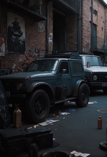 ,ruanyi0851,ground vehicle,brick wall,no humans,<lora:0851 abandoned vehicles V2_v1_pony:1>, score_9,score_8_up,score_7_up,,8k,1girl,solo,,
