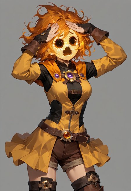 score_9, score_8_up, score_7_up,
lord_of_frenzy, fire head,
novakin, faceless, no eyes, no mouth, no nose, no facial features, short fiery yellow orange hair, body made of black plasma,
open hands, hands on face front,
AhEtoBlehMeme, hands on own head,
magical girl outfit, steampunk dress, boots, (brown shorts:1.1), black tights, medium breasts, belt,
simple background, grey background,