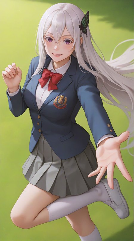 zPDXLxxx,score_9,score_8_up,score_7_up,realistic,masterpiece,best quality,perfect anatomy,very aesthetic,absurdres,
<lora:Quality tweaker_last:-2>,
<lora:Breast Slider - Pony_alpha1.0_rank4_noxattn_last:2>,
<lora:azurlaneXLP6lokrV4236T2:0>,
solo,blush,smile,
reaching out,outstretched hand,outstretched arm,full_body,
<lora:Echidna PonyXL Anzhc v1.6:1>,
echidna,purple eyes,white hair,hair between eyes,very long hair,butterfly hair ornament,
school uniform,red bowtie,blazer,blue jacket,collared shirt,white shirt,grey skirt,pleated skirt,white socks,kneehighs,shoes,
outdoors,grass,