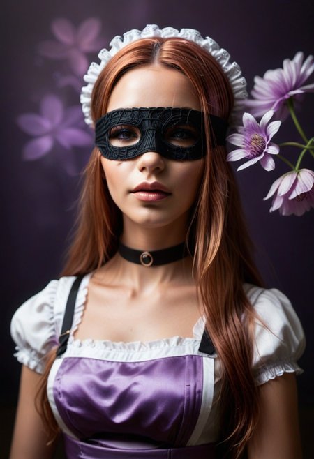 close-up shot, reality-shot, realism, realistic photography, beautiful woman, blindfold, long hair, hair made of copper wire, maid uniform, looking at viewer, purple theme, eyelashes, flower, dark_theme,abstract background, depth of field