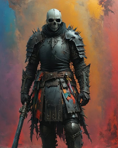death knight holding a weapon, full body shot, multicolored background, <lora:add-detail-xl:0.75>, <lora:xl_more_art-full_v1:0.5>,  <lora:XSfenlie:1.0> fenliexl,  <lora:NicolaSamori:0.8> in the style of Nicola Samori