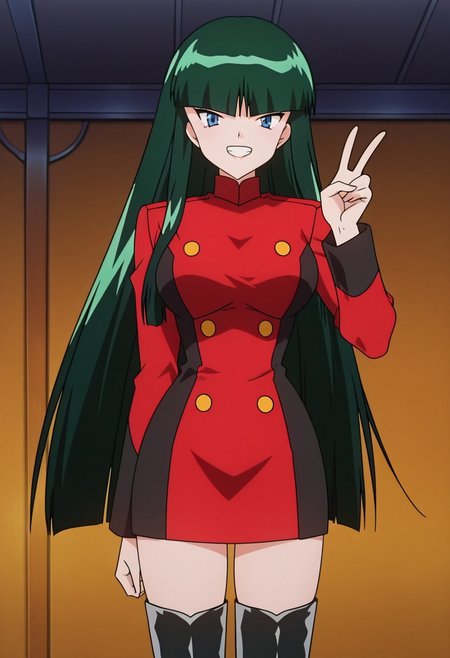 score_9, score_8, score_7, anime_screencap, anime_coloring, source_anime, high_res, rating_safe , uncensored,
PKMNSabrina, blue eyes, 1girl, long hair, very long hair, green hair, blunt bangs, hime cut,, short dress,  red deess, long sleeves, double-breasted, buttons, breasts,, thighhighs, thigh boots, zettai ryouiki, black footwear, black thighhighs, high heel boots
BREAK, smile, looking at viewer, cowboy shot, upper body, v, victory, indoors, upper body, grin, teeth