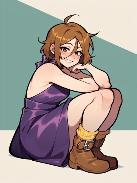 score_9, score_8_up, score_7_up, score_6_up, 1girl, solo, blush, smile, looking at viewer, 
wossarem, <lora:WossaRem v2:0.8>, aeria, brown hair, brown eyes, short hair, ahoge, hair between eyes, violet flowing dress, yellow bobby socks, ankle boots,
