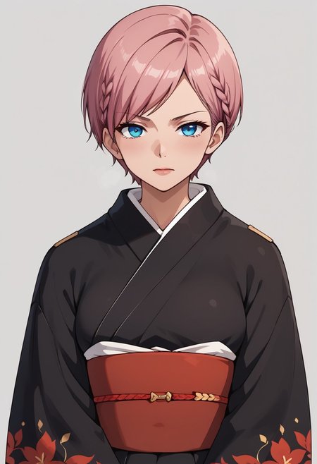 score_9, score_8_up, score_7_up, score_6_up, (1girl ), (solo:1.9 )
BREAK,
HDA_MasterpieceXL_v.1,
BREAK
1girl: <lora:Mother_Kirisu_V:1>, Mother Kirisu,Bokutachi wa Benkyou ga Dekinai, blue eyes, braid, short hair, twin braids, pink hair,older woman,hair down to the nape of the neck,twin braids,serious look, medium breasts ,age 55 years 
BREAK
black kimono,obi