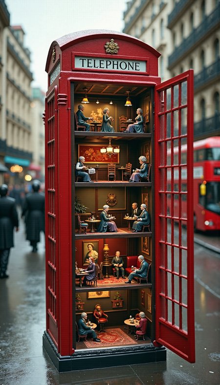 <lora:detailed_flux_ntc:8>A meticulously crafted diorama depicting British life inside a classic red telephone box, expanded to multiple levels with each floor representing various cultural stereotypes of British life. The telephone box is on a rainy London street.
Ground Level: The entrance floor showcases a traditional British pub setting, complete with a small bar, wooden stools, and a few patrons sipping pints of ale. A dartboard is mounted on the wall, and a small Union Jack flag hangs nearby. The color scheme is warm and inviting, with dark wood tones and golden accents.
First Level: Above, the next level features a cozy living room scene with a tea set on a small coffee table, a grandmotherly figure knitting in a comfortable armchair, and a classic British bulldog lying on a tartan rug. The walls are adorned with floral wallpaper and family portraits, capturing the quintessential English home atmosphere.
Second Level: The following level is a bustling office scene, representing the iconic "stiff upper lip" work ethic. Miniature desks are cluttered with paperwork, and tiny figures in suits and bowler hats are engrossed in their tasks. A portrait of the Queen hangs on the wall, and a small radio plays the BBC news in the background.
Third Level: The top floor is a whimsical, colorful depiction of a British high street during a rainy day. Tiny figures with umbrellas navigate past a fish and chip shop, a post box, and a double-decker bus peeking out of the back of the diorama. A small cat perches on a windowsill, watching the activity below.