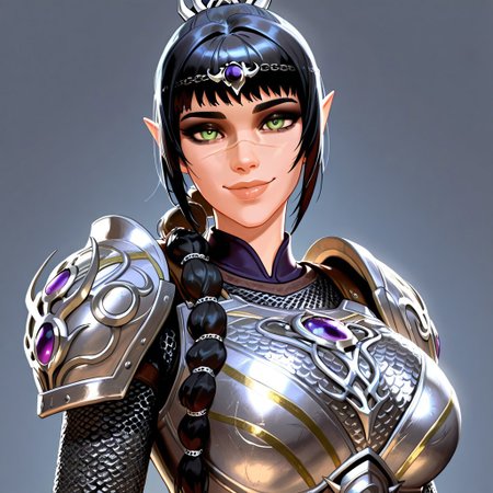 masterpiece,best quality,amazing quality, absurdres, <lora:shadowheart_bg3_ilxl_goofy:1> shadowheart \(baldur's gate\), 1girl, black hair, braid, breasts, elf, detailed eyes, green eyes, large breasts, detailed lips, glossy lips, long hair, looking at viewer, multi-tied hair, pointy ears,scar on face,  simple background, smile, solo, body armor, shoulder pads, ,breastplate, chainmail,