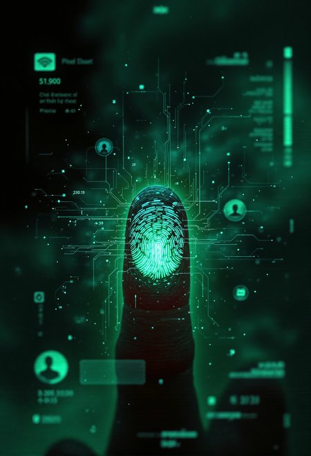 A hyper-detailed, futuristic close-up of a human fingertip illuminated by a soft green glow, revealing a complex, holographic circuit pattern etched into the skin, resembling a digital fingerprint. The intricate lines and nodes of the circuitry shimmer with a faint white and blue light, symbolizing advanced biometric technology. Surrounding the finger, a semi-transparent user interface displays scanning progress indicators, synchronization bars, and faint text overlays, adding to the high-tech aesthetic. The background is softly blurred, suggesting a sleek, digital environment while emphasizing the focus on the finger and its augmented details. <lora:aidmaFLUXPro1.1-FLUX-v0.3.safetensors:1.0>,  <lora:Dark side of light.safetensors:0.55>, <lora:Glitchcore_Flux.safetensors:0.8>,