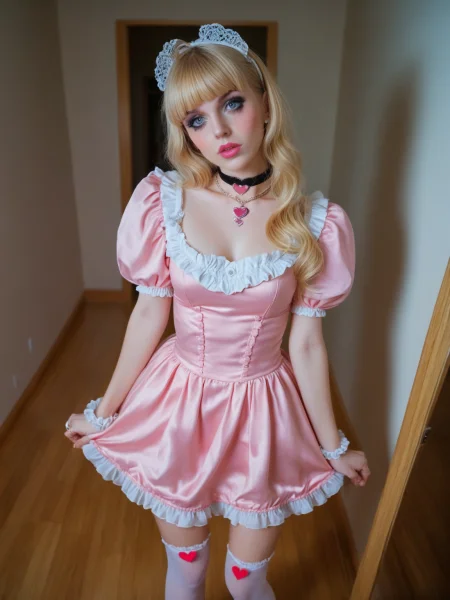 21 yo house-wife, wide-angle, fisheye, full-length portrait, flash photo, blonde, blunt bangs, narrow hips, skinny, thin, petite, very tight rococo mini-dress, puffy sleeves, heart choker necklace, shiny pink lipstick, blushing pink cheeks, long legs, leg garters, platform, high heels, frilly socks,  very long hair, bold makeup, simple background, subtle details, unique perspective, looking up at viewer, begging eyes, huge diamond ring on finger, glare from ring, photograph, detailed, realistic, detailed feet, detailed hands,
<lora:MJ52:0.4>  <lora:c41_zenit_kodakgold_SDXL:.6>