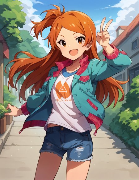 score_9,score_8_up,score_7_up,1girl,solo,cowboy shot,looking at viewer,smile,open mouth,v,outdoors,
<lora:oogamitamaki_ponyXLV6:0.8>,mlot,
orange hair,long hair,one side up,brown eyes,
jacket,short denim