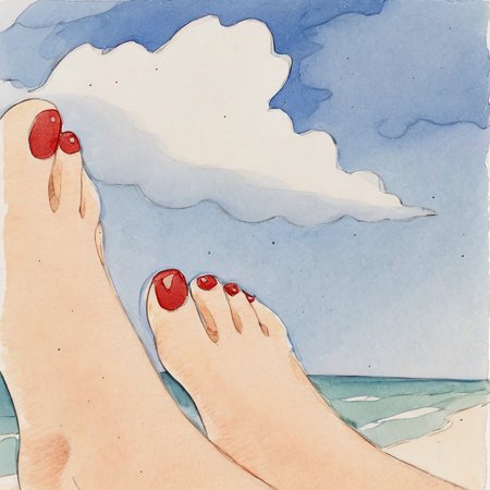 <lora:w3ss:1>w3ss womans foot in air, red toenail polish, beach, ocean, cloud in sky