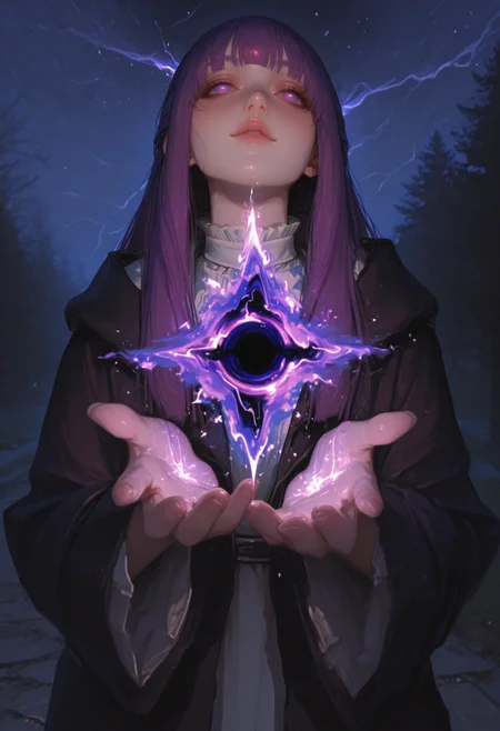 masterpiece,amazing quality, Fern \(sousou no frieren\), purple eyes, purple hair, half updo, bangs, night, outdoor, magic, fire magic, lightning magic, multiple spells, mana, black hole in hand, holding black hole, shadow magic, Ultra-realistic, beautiful eyes, capturing emotion, personality, flattering lighting, professional, perfect hands, engaging, compelling composition, detailed skin, ((detailed face))
<lora:ppw_v7_animv4_1_r2:0.6> <lora:748cm_illu:0.6> 7481llu <lora:69yottea_illu_v2:0.4> <lora:illustrious_all_rated_v1:0.6> masterpiece, best quality, very aesthetic, absurdres