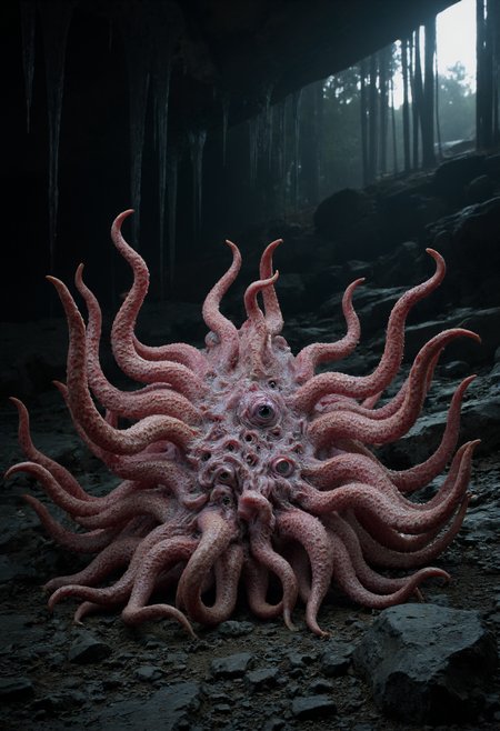 A cluster of writhing tendrils covered in translucent scales, with eyes that grow and retract randomly along its surface. The tendrils converge into a central mass that throbs with a rhythm like a beating heart, its skin pulsating with every movement. It crawls through a pitch-black cave filled with stalactites that seem to whisper as it passes, its eyes darting in all directions, as if sensing every shadow