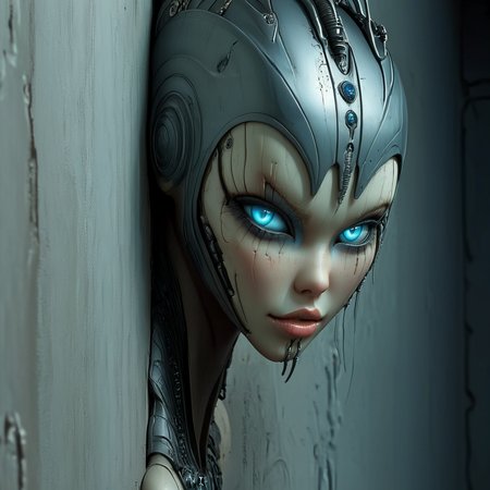 <lora:Eldritch_Sci-FiSDXL:1> ArsMJStyle, Eldritch Sci-Fi, The image shows a woman with blue eyes and a metal headpiece leaning against a wall. Her face is animated and her eyes are a piercing blue., 1girl, solo, blue eyes, looking at viewer, android, lips, glowing eyes, portrait, against wall, helmet