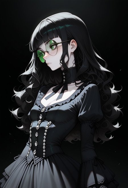 high_quality, highres, detailed, masterpiece, best quality, absurdres,Claudia, ClaudiaRH,  long black hair, wavy hair, blunt bangs, green eyes, big squared eyeglasses, small breasts, slim, pale skin, freckles, wearing Jedgthd, gothic dress, black lace , high neck, long ruffled sleeves, silver buttons, black background, side view, posing