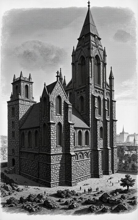 YFG-P1ra, Create a detailed, high-contrast image of a Gothic-style cathedral at dusk, its stone façade rendered in textured, cross-hatched lines, with richly detailed stonework and ornate carvings that seem to leap off the page, amidst a soft, blue-gray sky with wispy cirrus clouds and a few faint stars twinkling above.