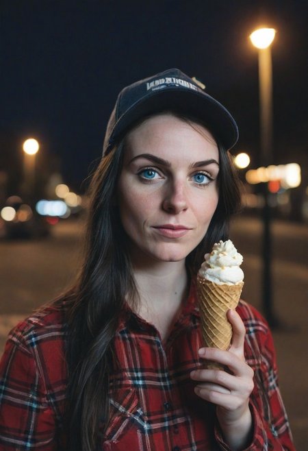 A 30yo woman eating a cone icecream.  blue eyes. perfecteyes
Wearing Jeans and Plaid red shirt with a hat/cap red. 
Long dark black slick back hair. No makeup.
Night time, Street light. 
Looking at camera POV. 
Medium Close Up shot.
Bokeh. Bokeh light.  
Blurred background.