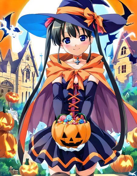 score_9,score_8_up,score_7_up,source_anime,1girl,solo,halloween costume,halloween,trick or treat,witch,pumpkin hat,witch hat,food-themed hair ornament,pumpkin hair ornament,orange choker,cape,silk,orange ribbon,thighhighs,swirl lollipop,black legwear,jack-o'-lantern,basket,holding lantern,halloween bucket,holding vegetable,sweets,candy,candy cane,cookie,silhouette,bat,ghost,black cat,pumpkin,castle,pennant,clock tower,church,cross,graveyard,tombstone,coffin,town,gate,bare tree,spider web,night sky,full moon,moonlight,looking at viewer,smile,:d,light_blush,<lora:pony_xl_hikari:0.9>,hikari,black hair,