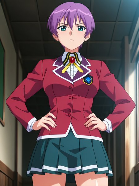 masterpiece, best quality, amazing quality, very aesthetic, absurdres, newest,shiny skin  anime screenshot,  anime coloring, looking at viewer,    <lora:AfterClassLesson:1>1girl, solo, purplehairhairgirl short hair,school uniform,  hands on own hips,