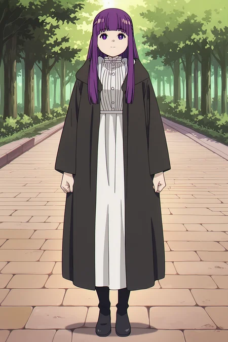 anime screencap, anime coloring, detailed face, perfect fingers, masterpiece, best quality, very aesthetic, absurdres, bokeh, volumetric lighting, 
outside, gravel walkway, trees, detailed environment,
 <lora:Fern_Frieren_Beyond_Journeys_End_-_Illustrious_V2:1>
Fern (character), fern (sousou no frieren), 1girl, purple hair, long hair, straight hair, half updo, hime cut, sidelocks, blunt bangs, purple eyes, bright pupils,
Fern black robe outfit, hooded black robe, long white dress, long sleeves, frills, black footwear,
full shot, directly facing the viewer, lightly smiling, looking at the viewer, cute girl