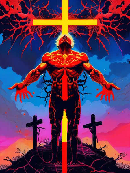 pixel art, 64 bit, fighting game style masterpiece, best quality, ultra realistic,32k,RAW photo, detail skin, 8k uhd, dslr, high quality, film grain, \nShort and messy hair, dynamic, vibrant, action-packed, detailed character design, reminiscent of fighting video games, black bloody veins growing and intertwining out of the darkness, oozing thick neon rainbow blood, veins growing and pumping blood, vascular networks growing, connecting, expanding, red veins everywhere, zdzislaw beksinski, (vibrant colors:1.1), (Repetition:1.1), (Cross-hatching:1.1), (Infrared:1.2), Rust, Hypercube, ultra detailed, intricate, oil on canvas, ((dry brush, ultra sharp)), (surrealism:1.1), (disturbing:1.1), beksinski style painting, sparks, lens flare, rim lighting, backlighting, RTX, Post Processing, satanic cross, man body, muscular, venom costume, (Pixel Art:1.5), highly detailed  <lora:pixel_art_lora:1.0>